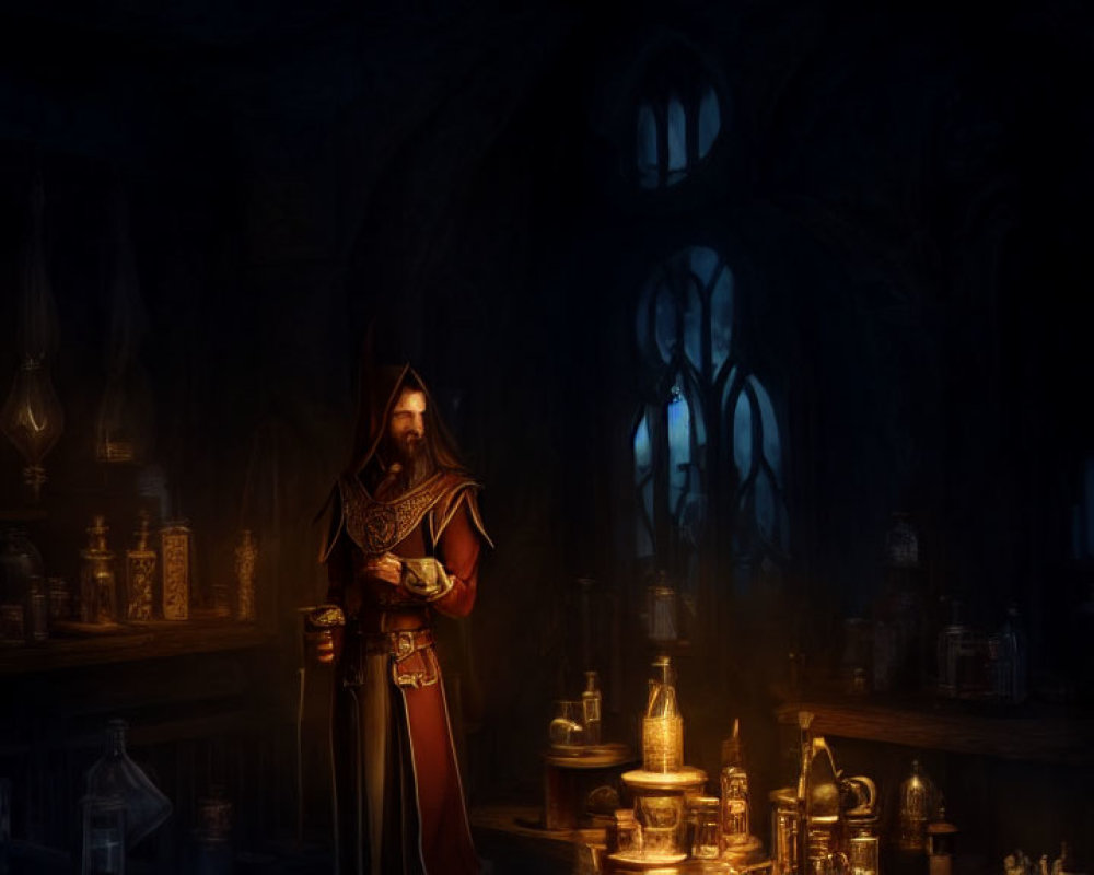 Mysterious robed figure in dimly lit Gothic room