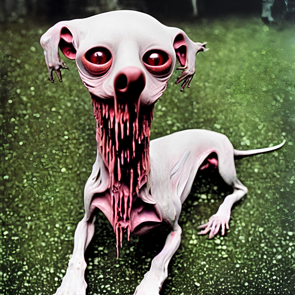 Hairless dog with large red eyes and drooling mouth on green background