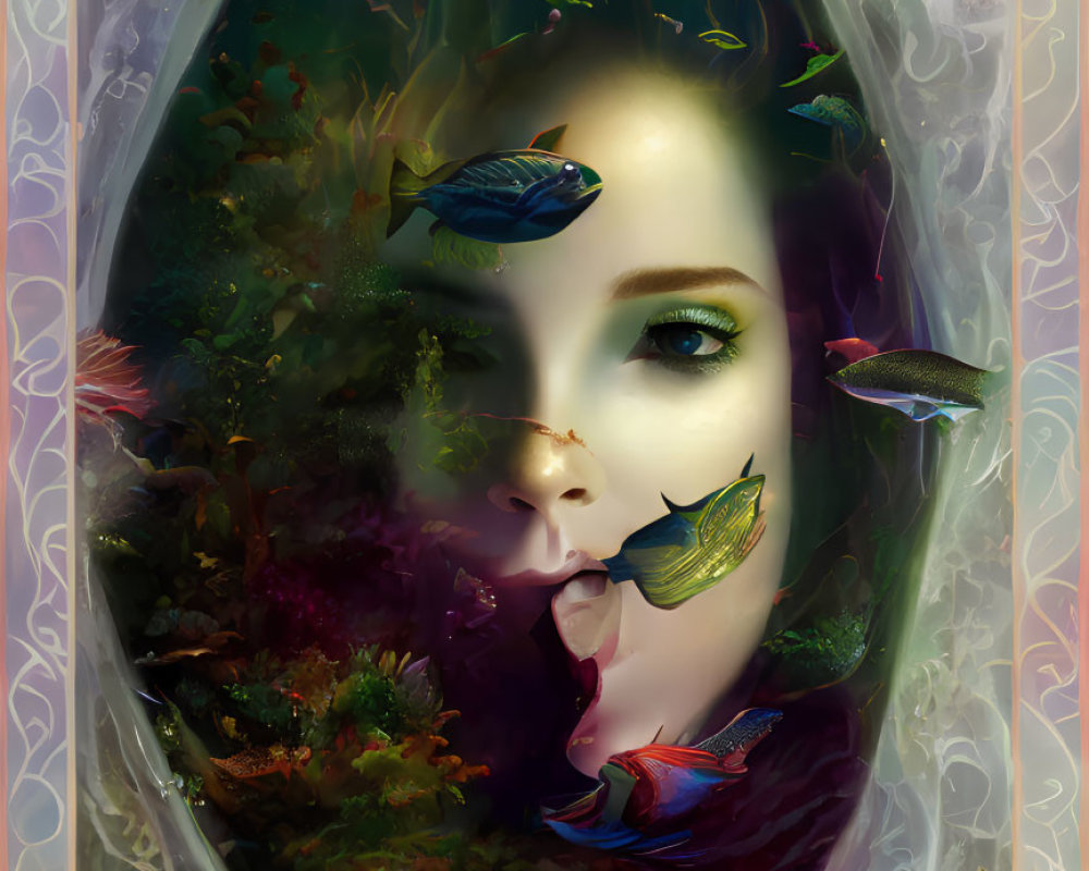 Surreal portrait blending woman's face with underwater scene