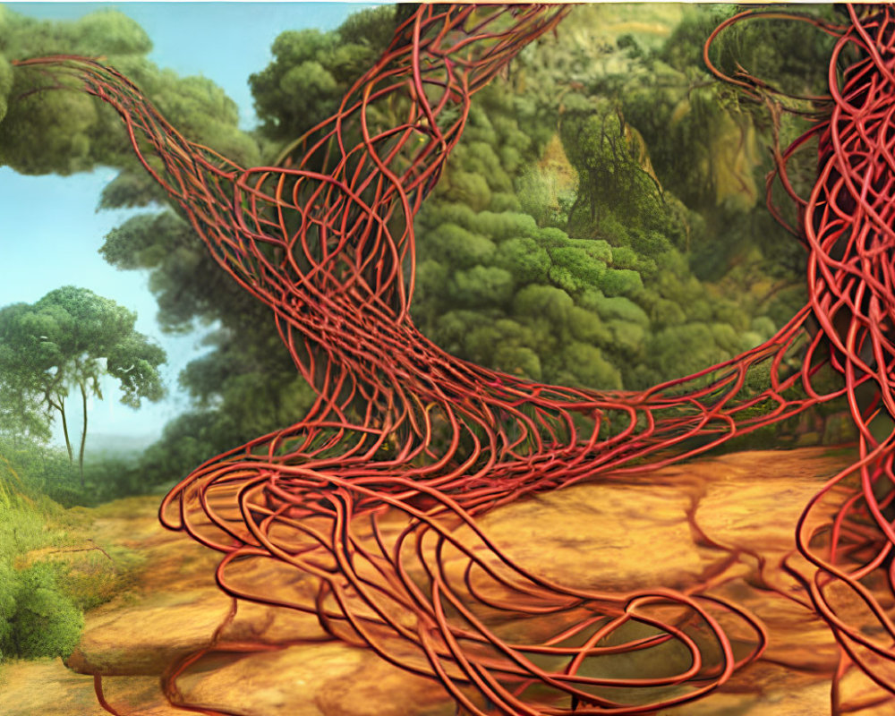 Swirling red ribbons in surreal landscape with lush green forest