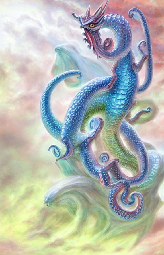 Blue dragon with red horns soaring in pink sky