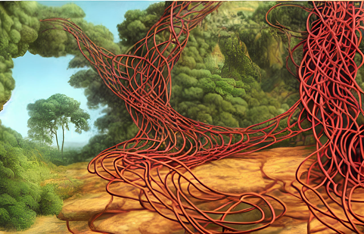 Swirling red ribbons in surreal landscape with lush green forest