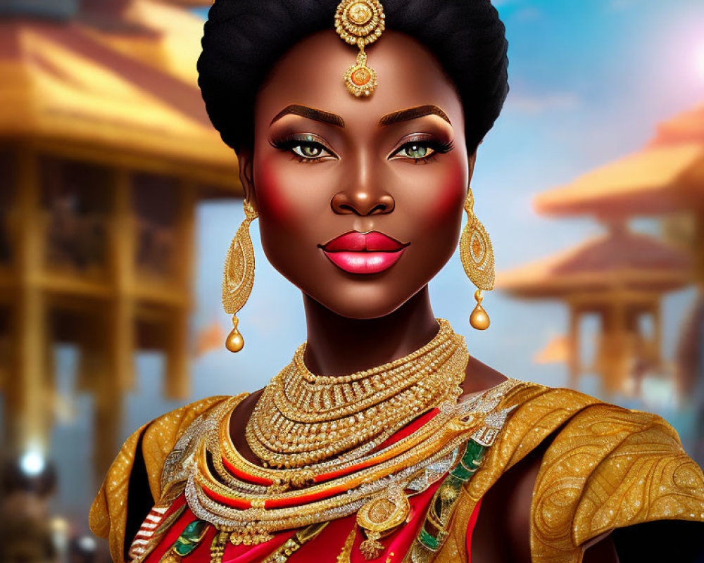 Regal woman with golden jewelry and crown in traditional attire against ancient temple.