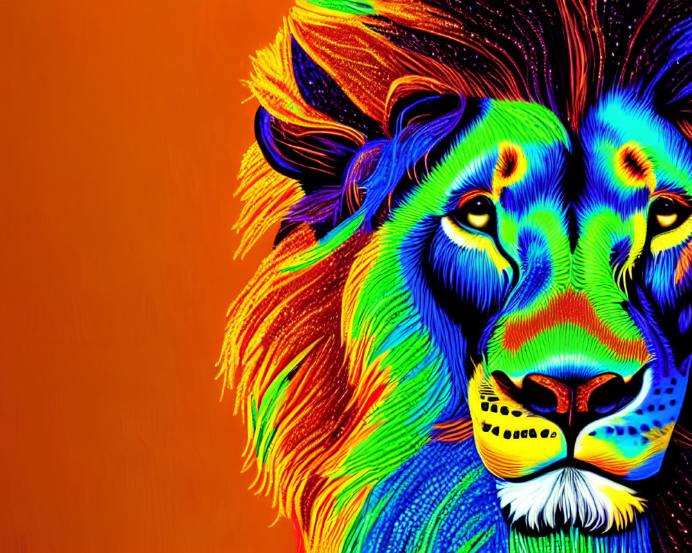 Colorful digital artwork: Lion with rainbow mane on orange backdrop