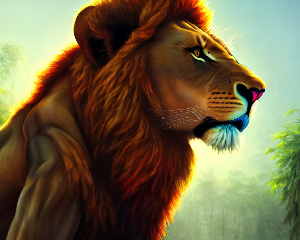Colorful stylized illustration of majestic lion in foggy jungle