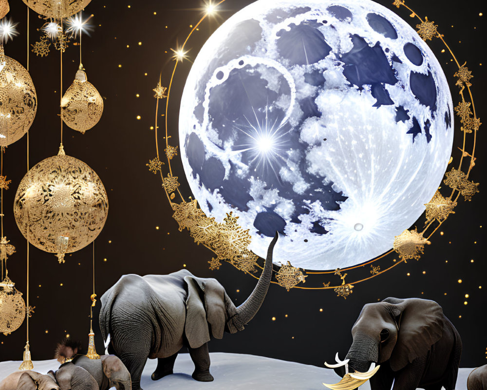 Elephant and baby under glowing moon with Christmas ornaments