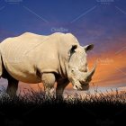 Detailed Side Profile of Rhinoceros Against Vivid Sunset Sky