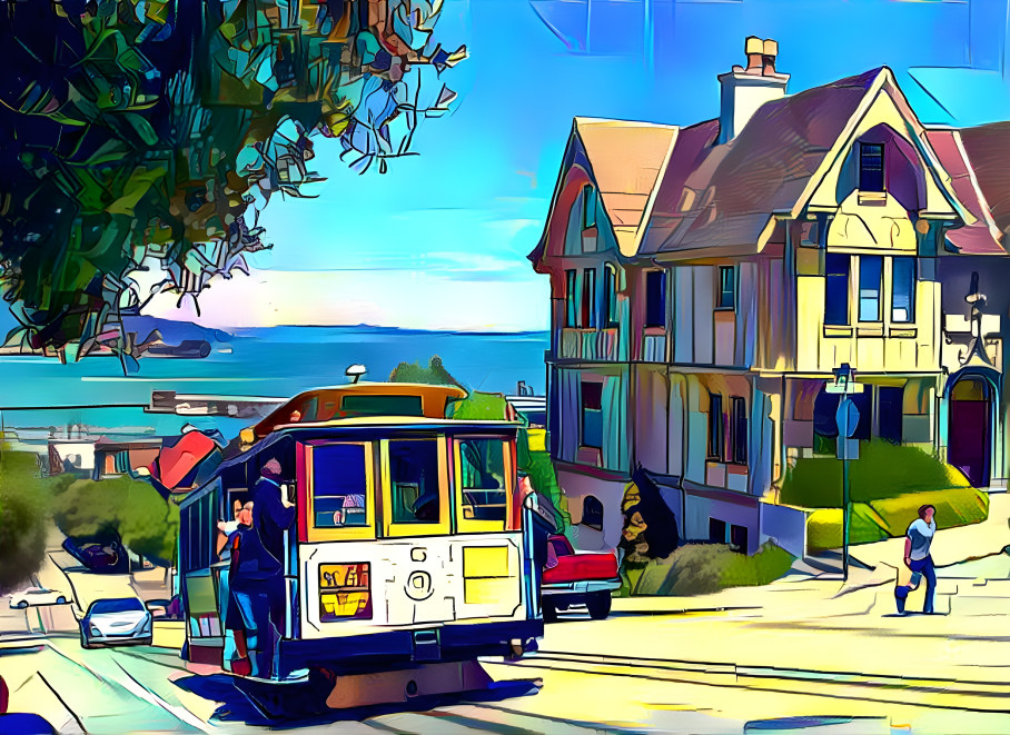 Cable car on Hyde street in San Francisco. Cartoon