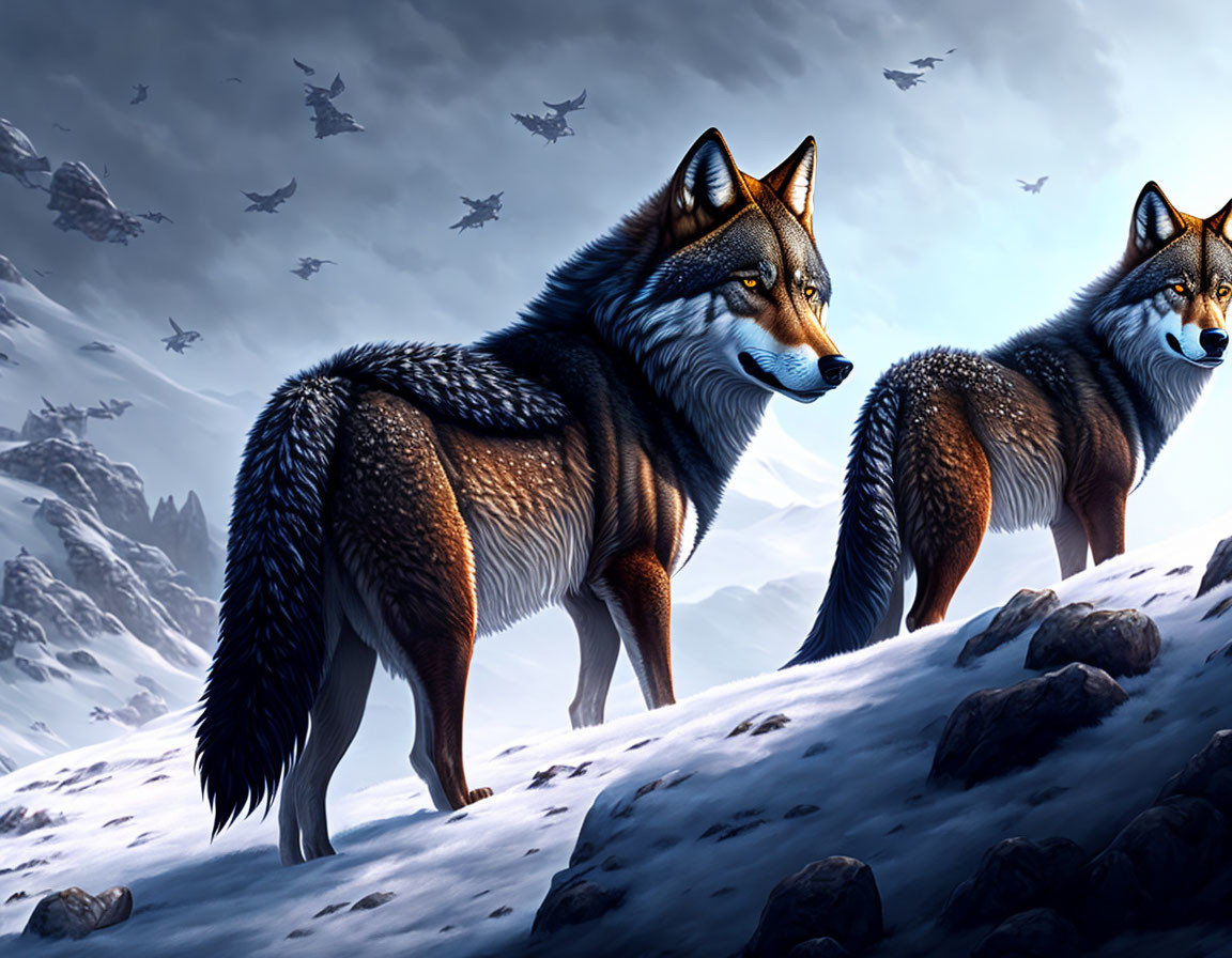 Majestic wolves in snowy landscape with flying creatures against cloudy sky