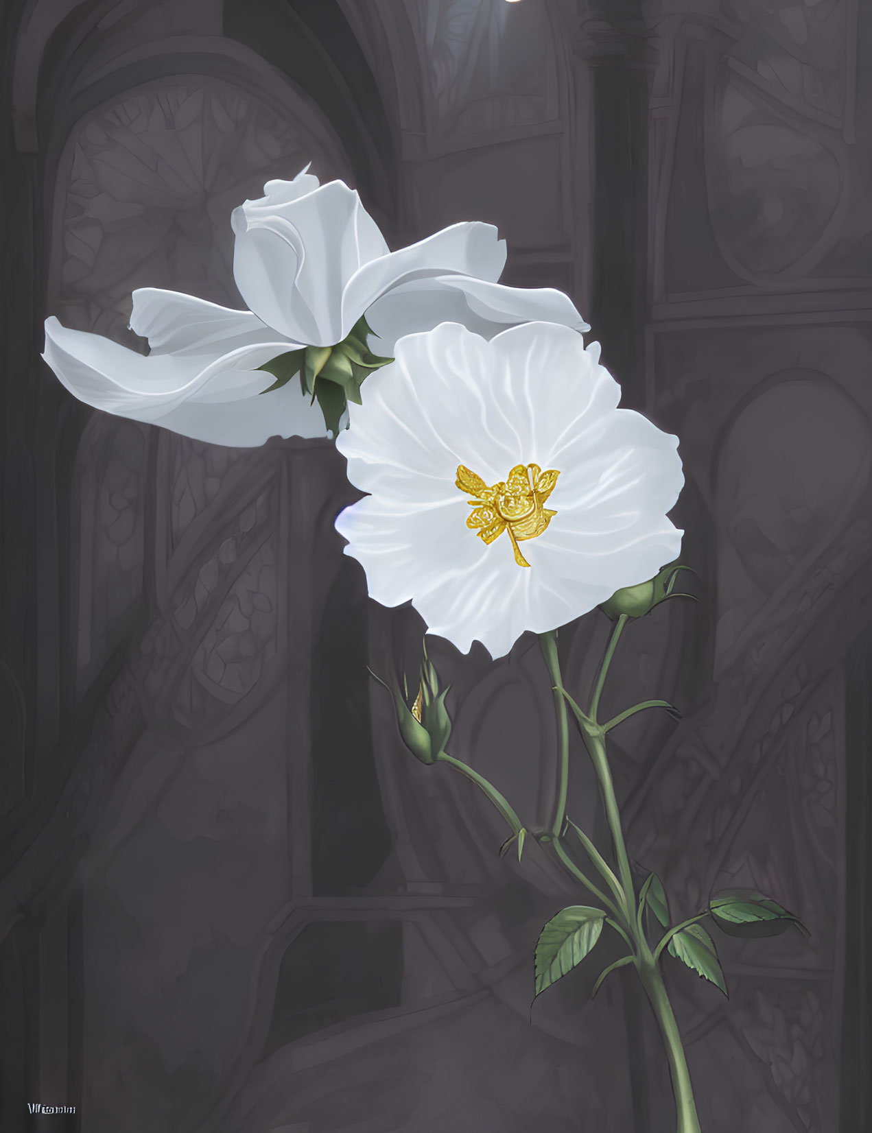 Two White Flowers with Golden Centers in Gothic Setting