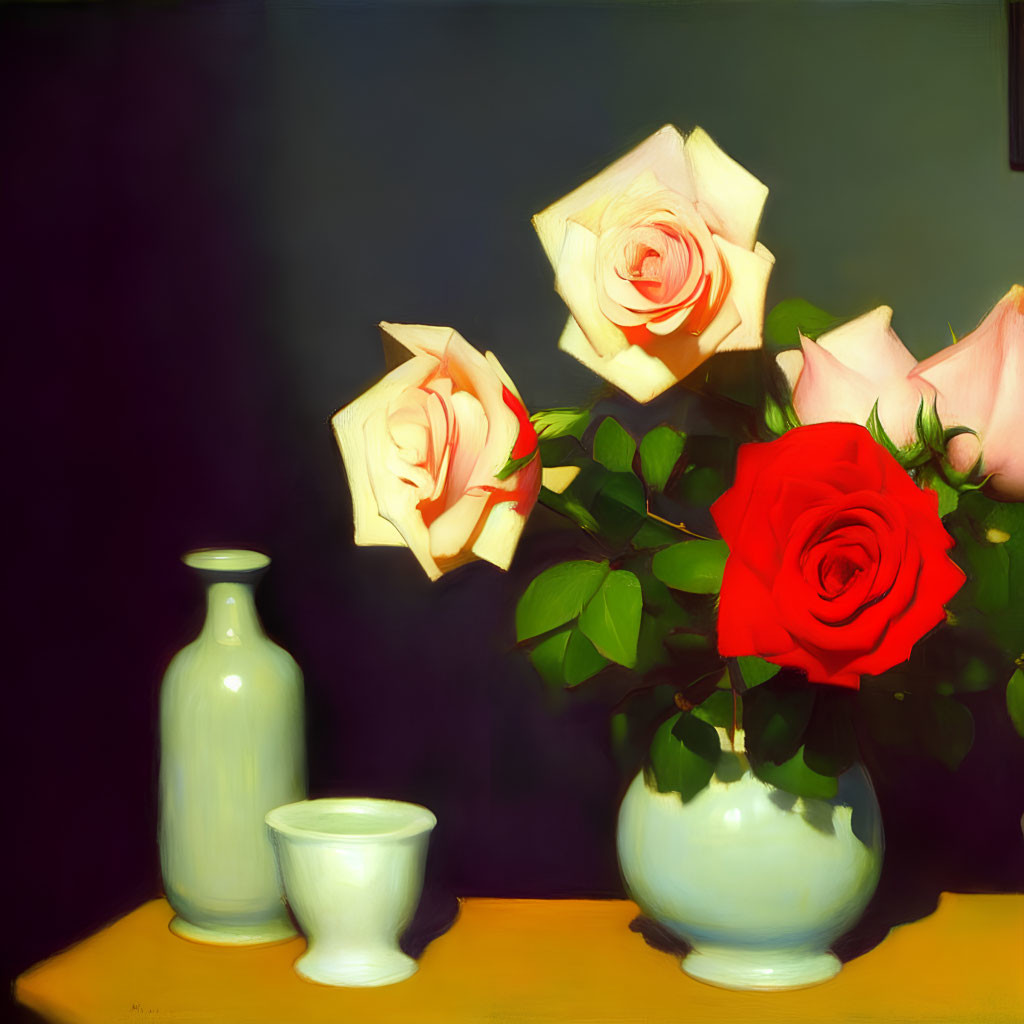 Pale and red roses in round vase with cup on table - Still life image