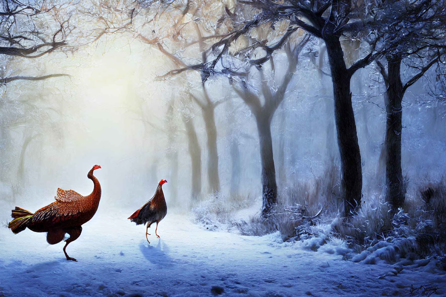 Snowy forest scene with two pheasants and sunrays through mist and trees