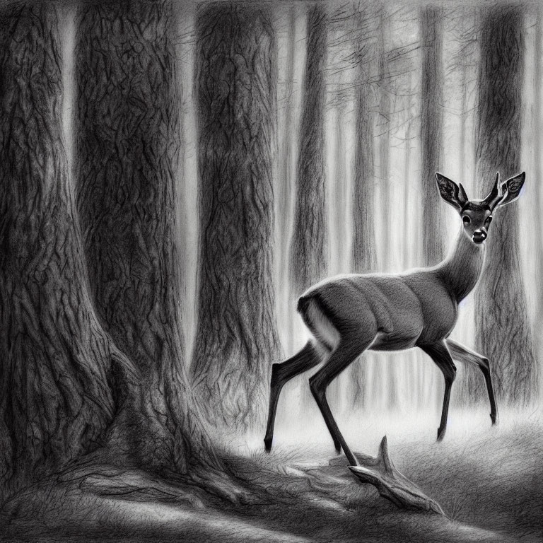 Detailed pencil sketch of deer in dense forest with prominent eyes.