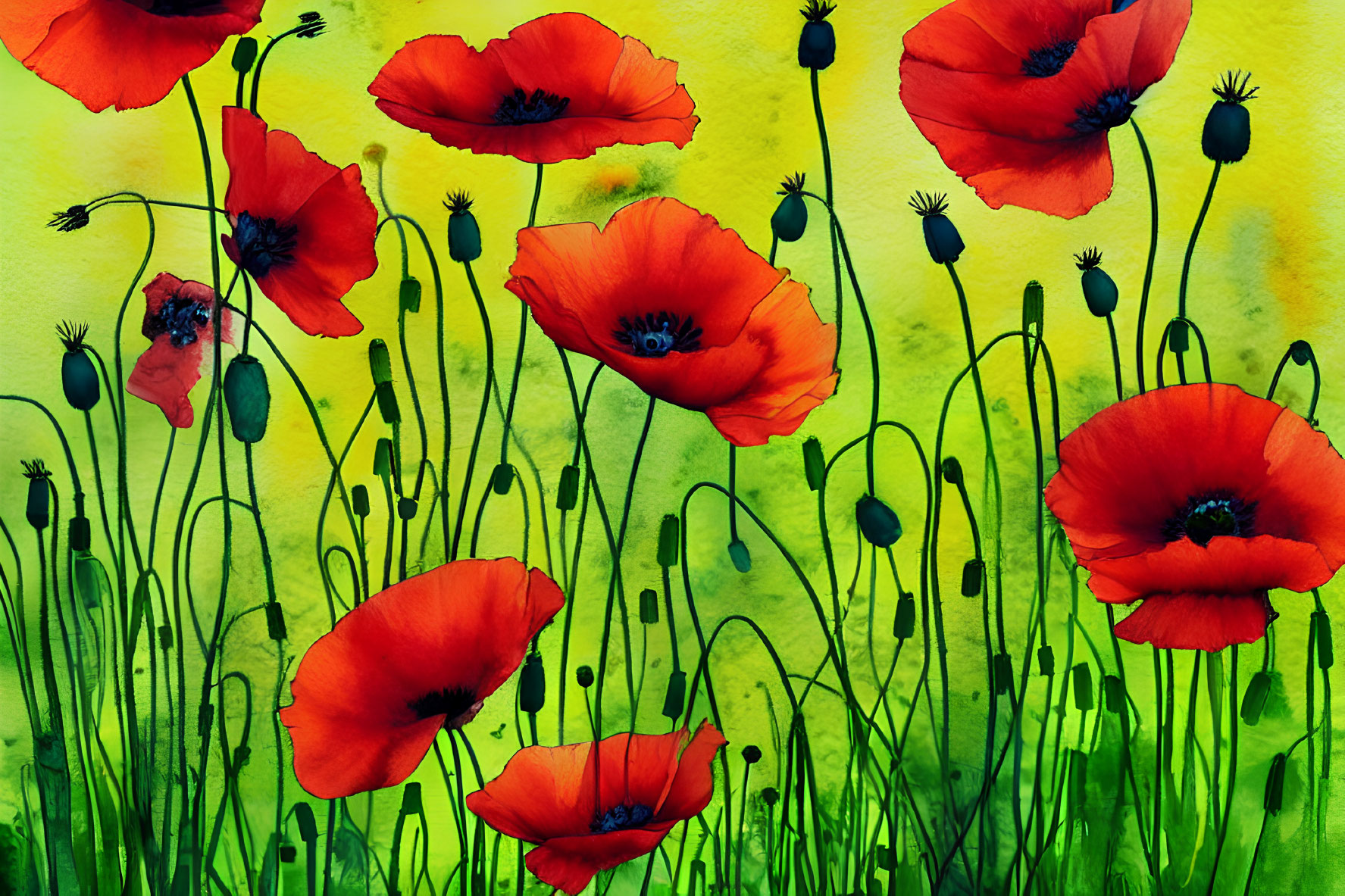 Colorful watercolor painting of red poppies on yellow and green background