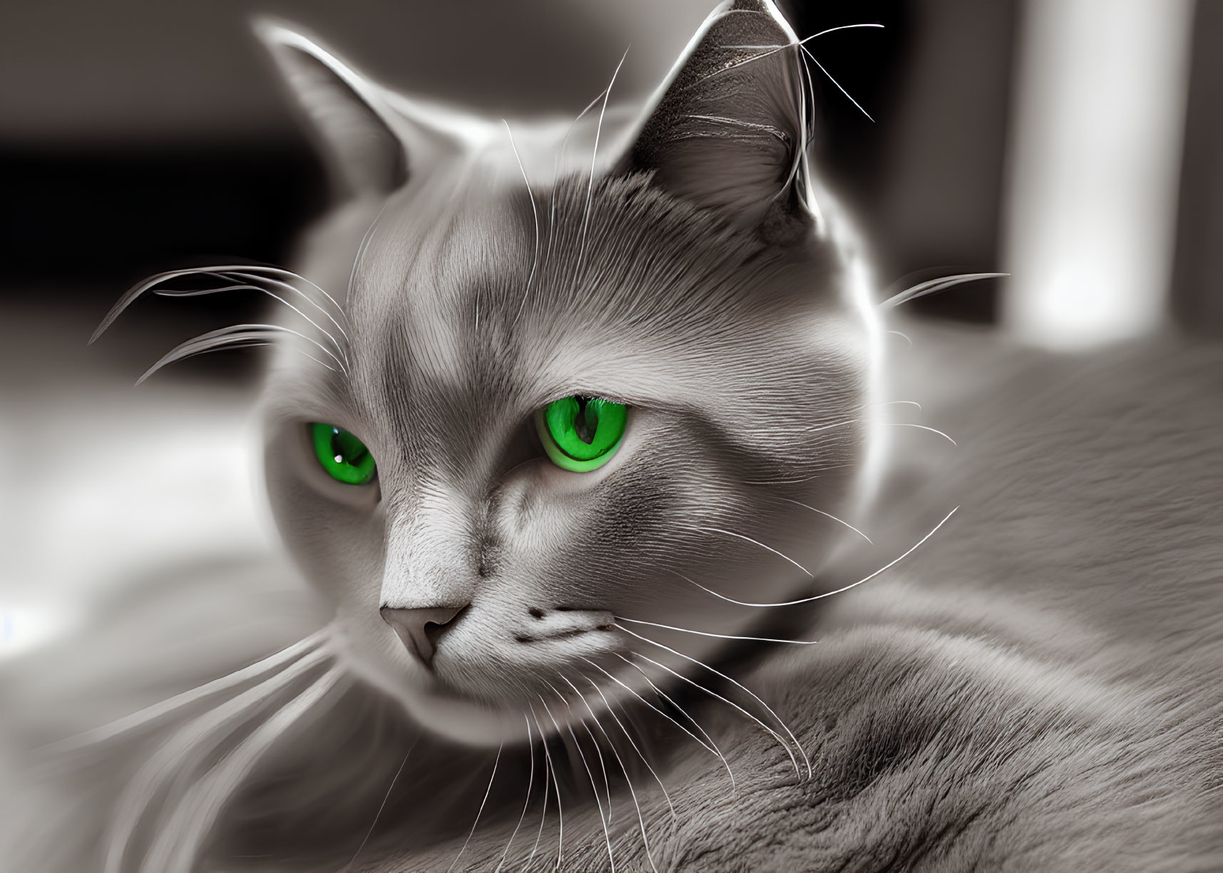 Striking green-eyed gray cat with selective color effect