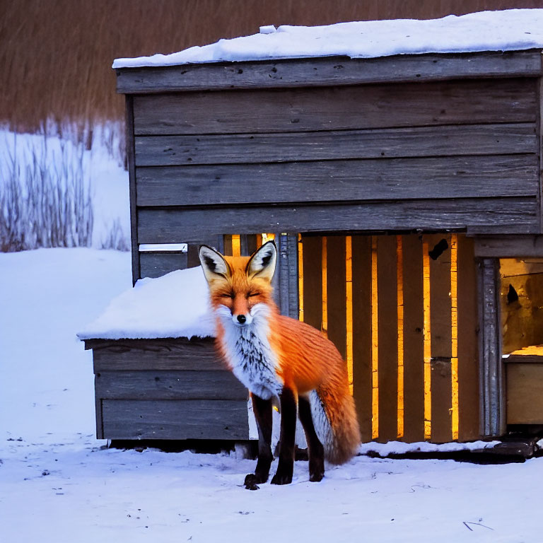 Red Fox Standing Beside Snow-Covered Shelter at Twilight