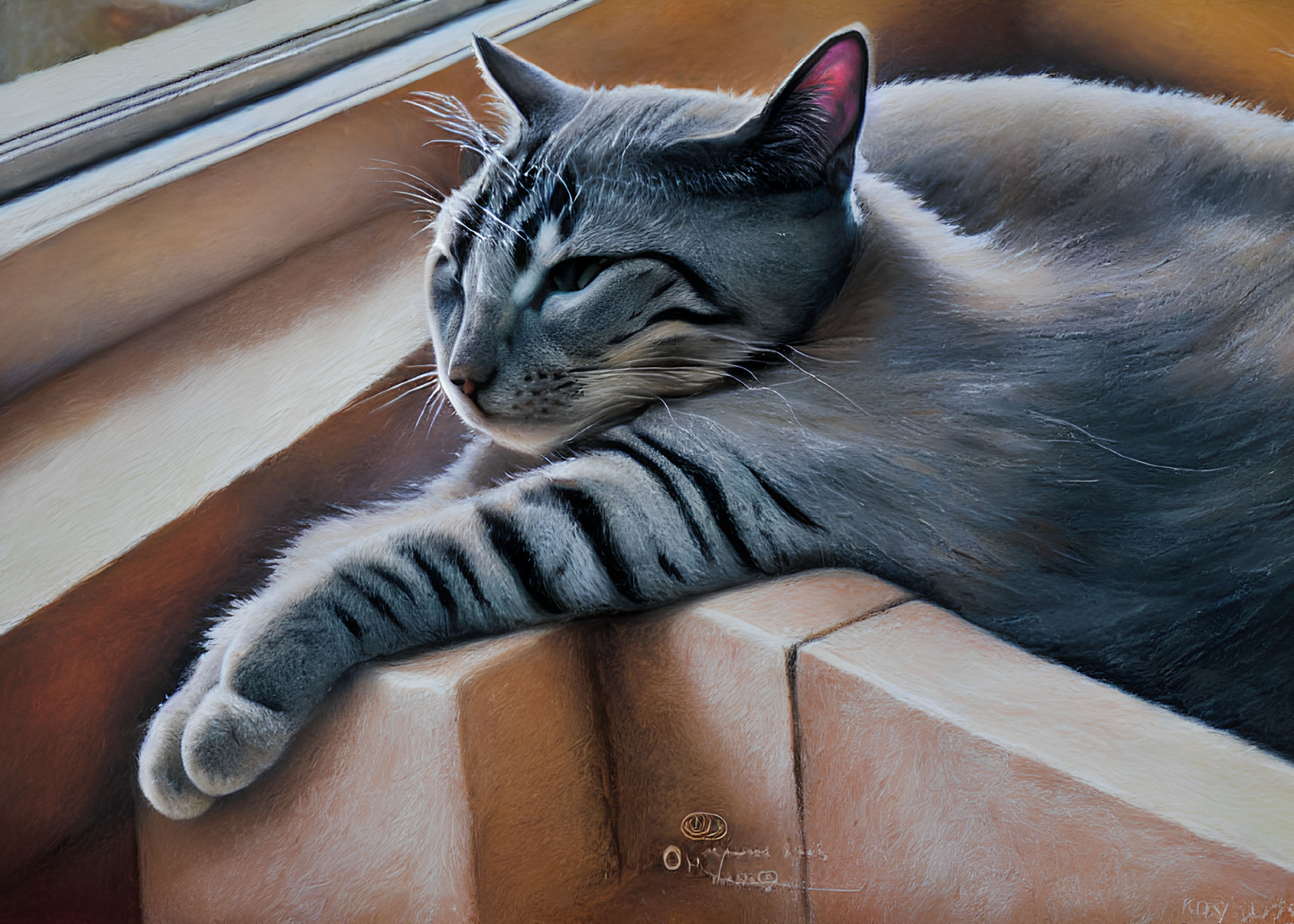 Realistic Grey Tabby Cat Painting on Tan Leather Cushion by Window