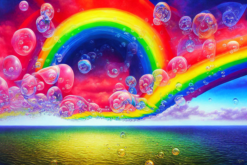 Colorful rainbow over sparkling sea with iridescent bubbles - Painting
