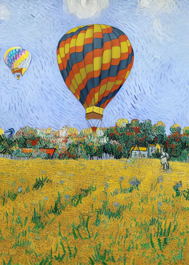Vibrant landscape with hot air balloons and figure in yellow fields