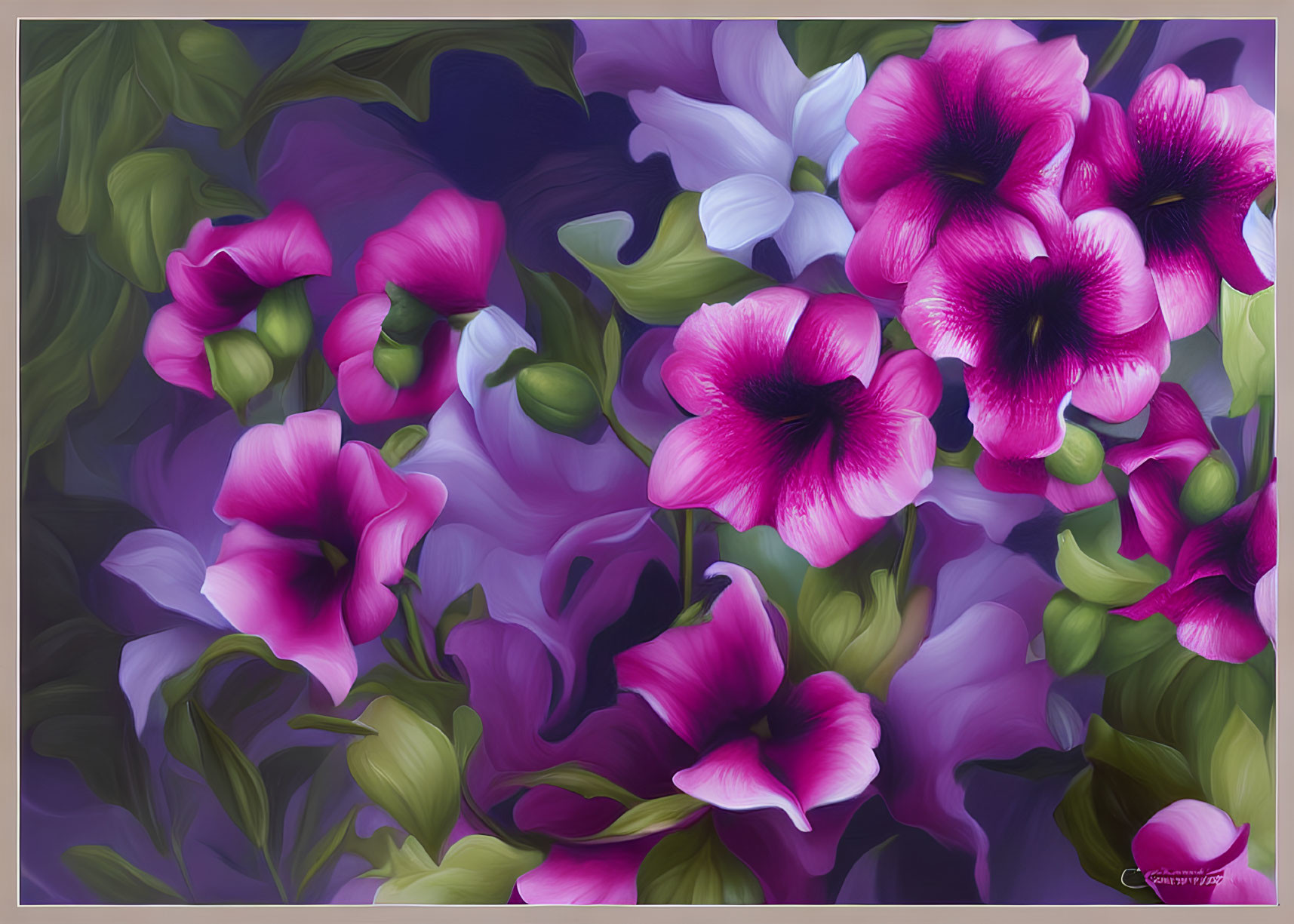 Colorful digital painting of purple and magenta flowers on moody backdrop