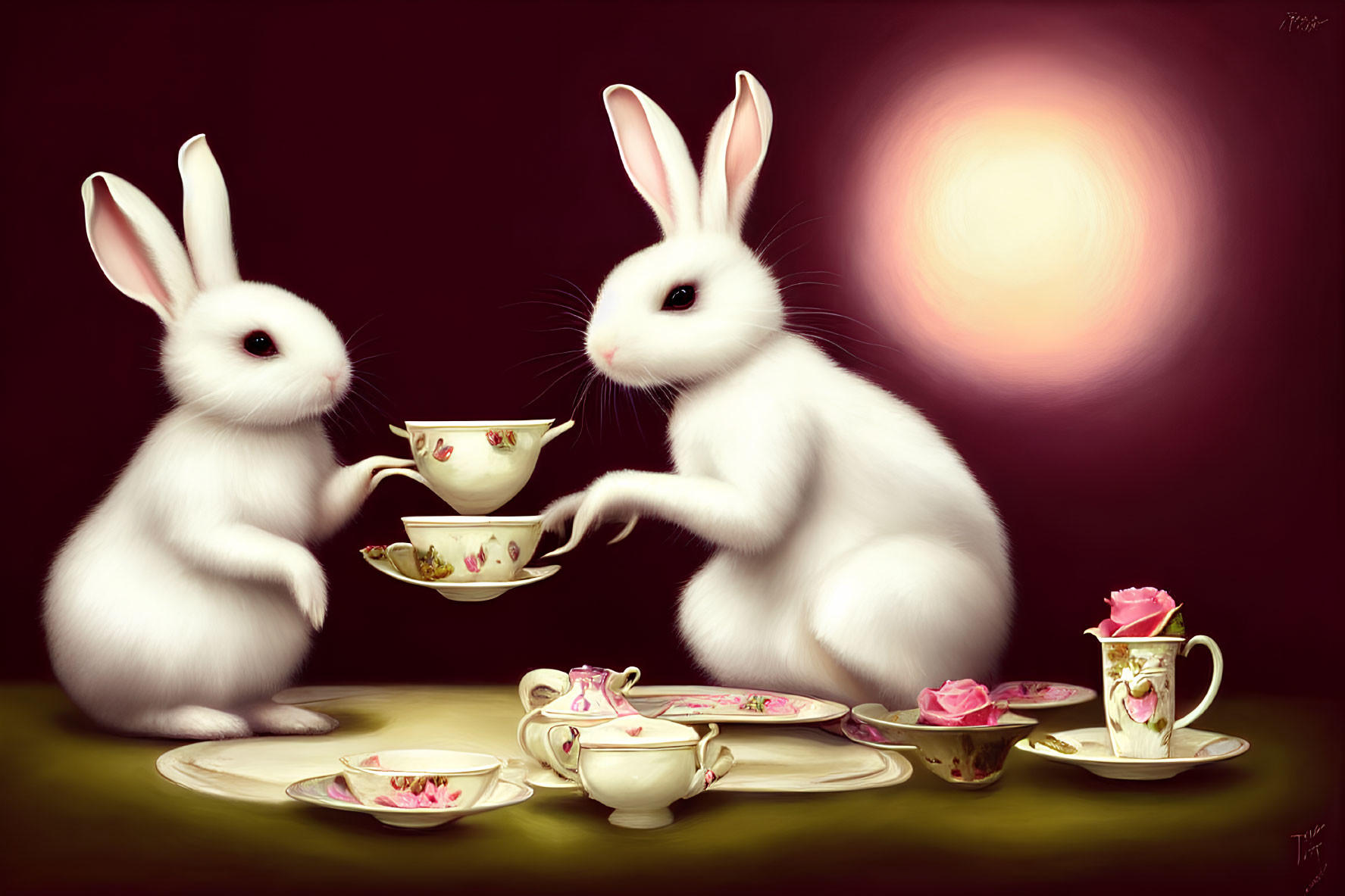 Two White Cartoon Rabbits Tea Party with Fine China