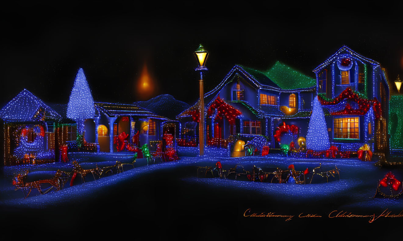Vibrant Blue and Multicolored Christmas Lights in Nighttime Holiday Scene