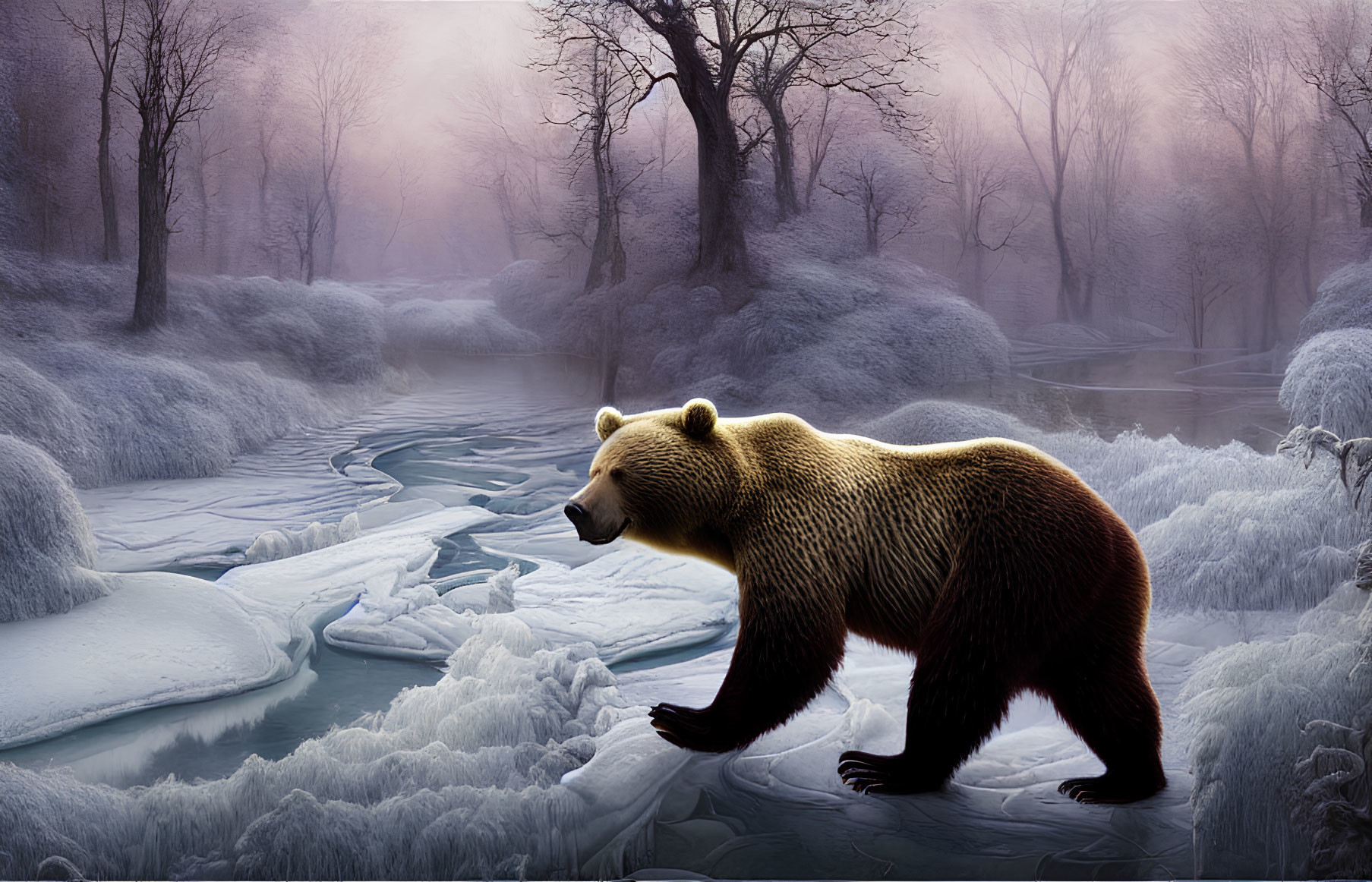 Bear in Frosty Landscape with Frozen Stream
