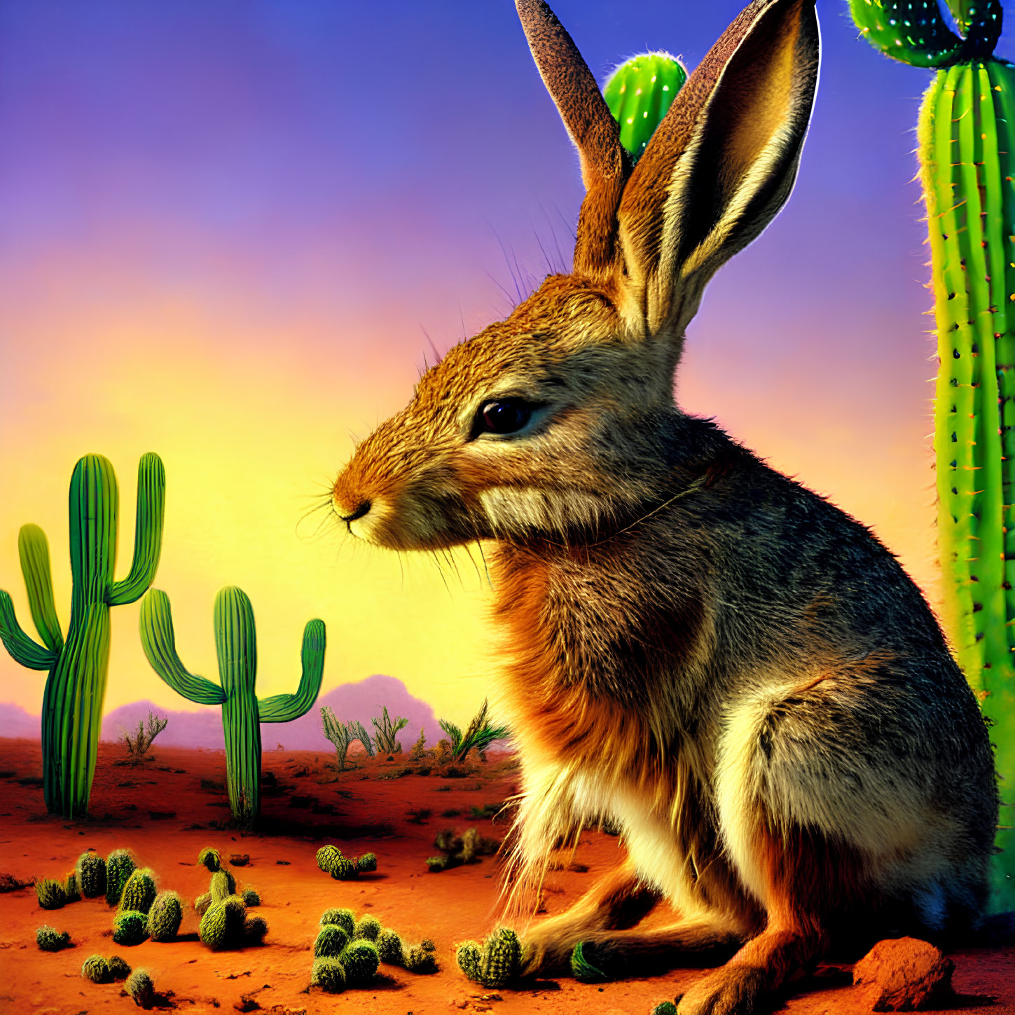 Jackrabbit in desert landscape at sunset with saguaro cacti and prickly pears