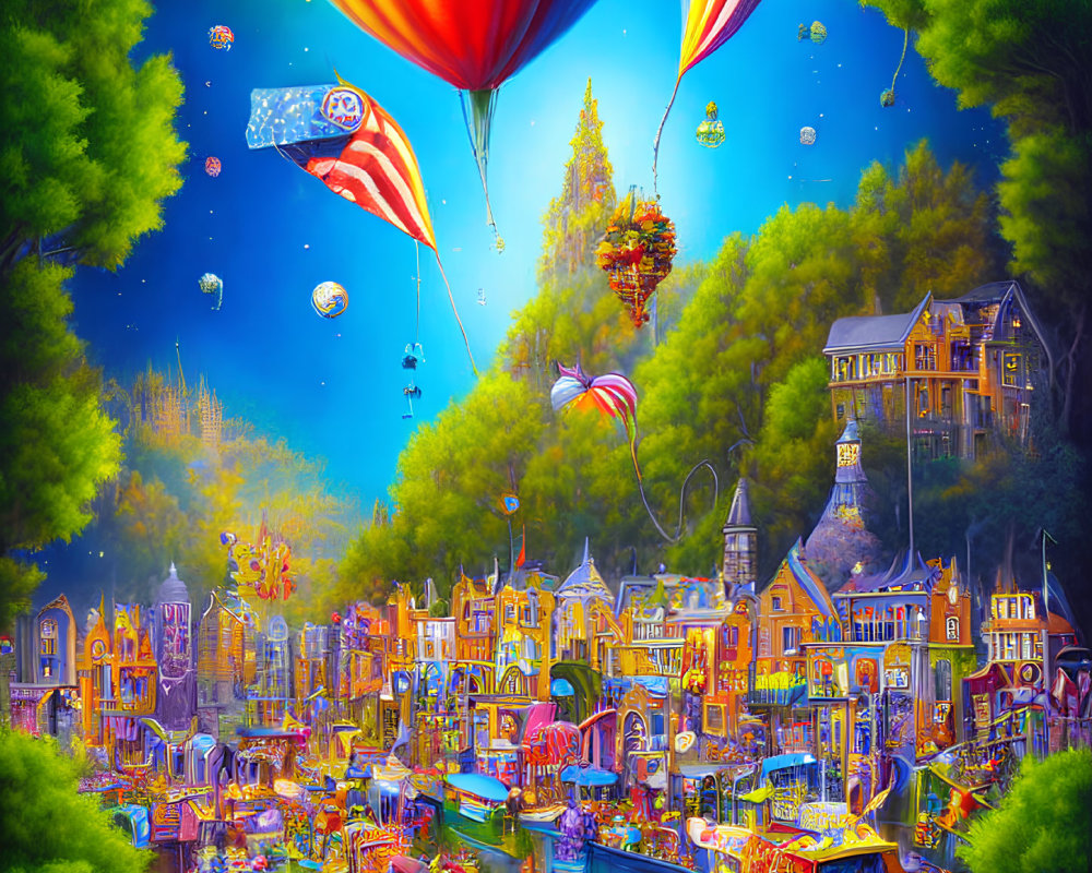 Colorful hot air balloons and whimsical architecture in fantasy landscape
