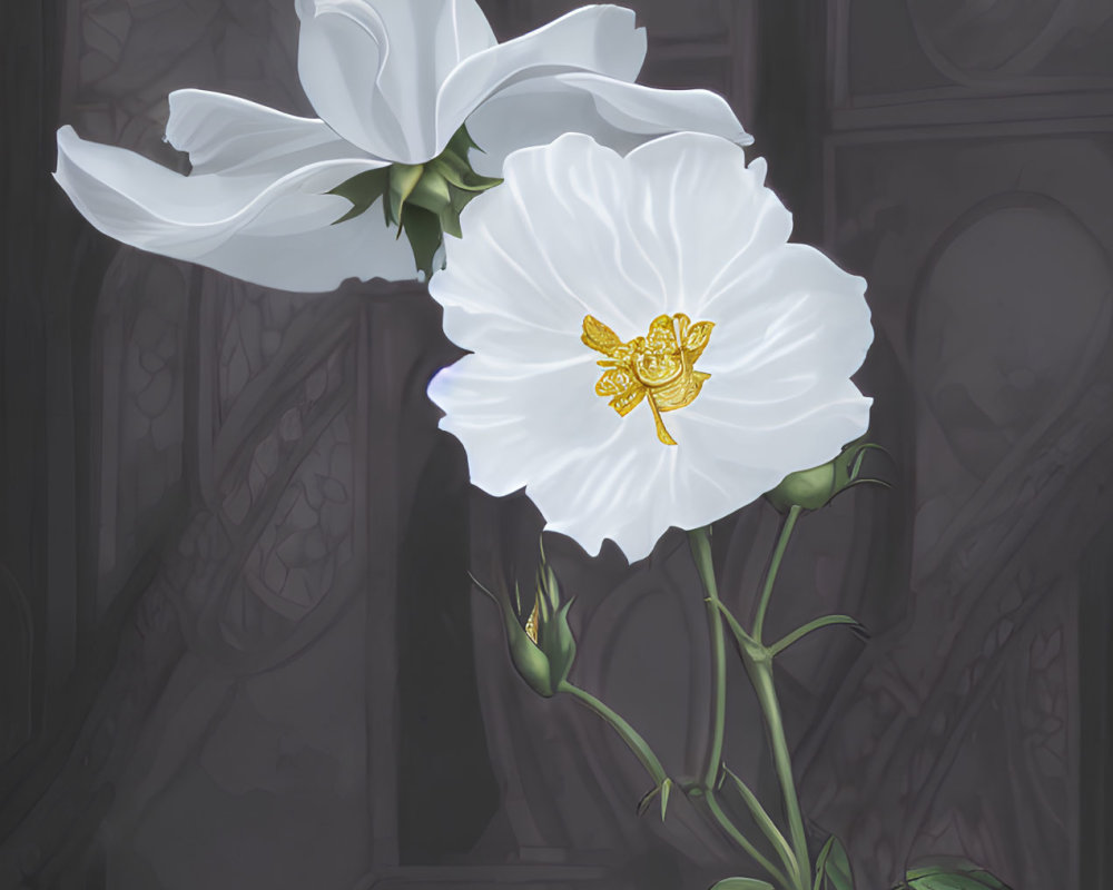 Two White Flowers with Golden Centers in Gothic Setting
