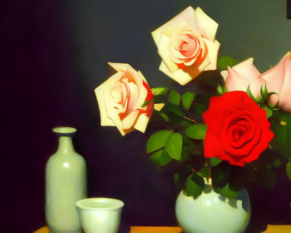 Pale and red roses in round vase with cup on table - Still life image