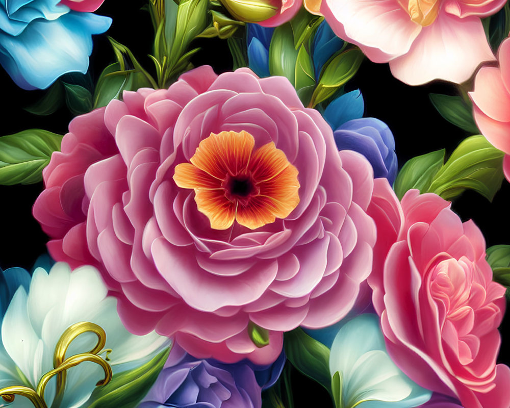 Colorful Flower Digital Artwork with Pink Blossom on Dark Background