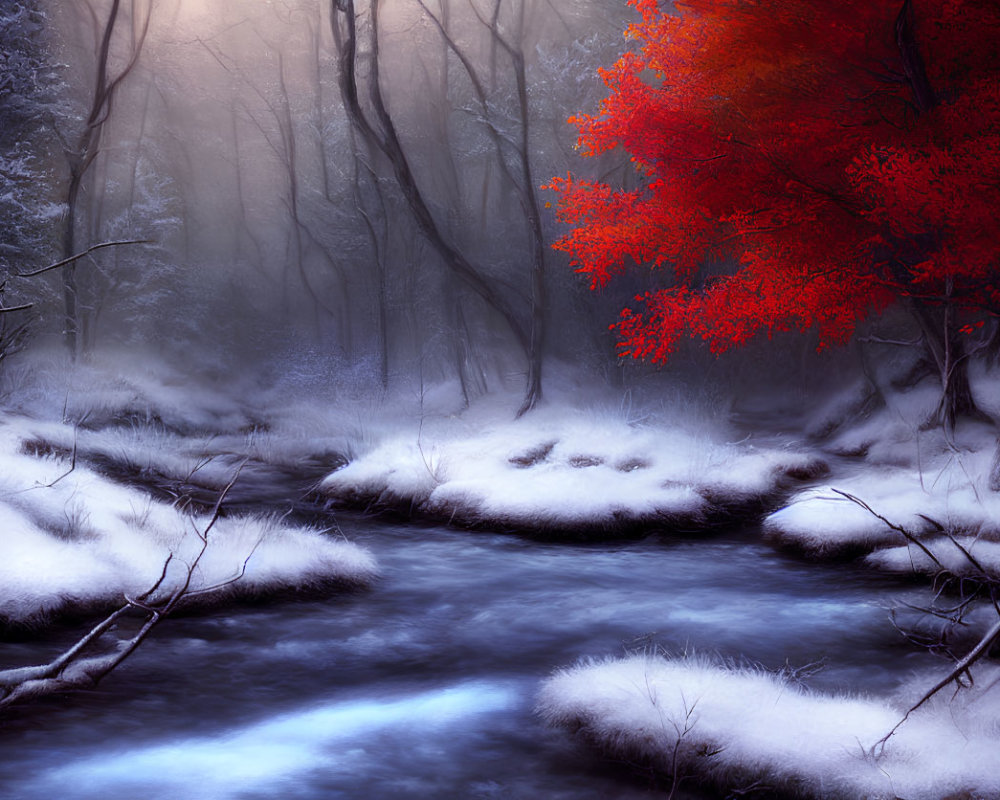 Wintry forest scene with red tree, snow, and flowing stream