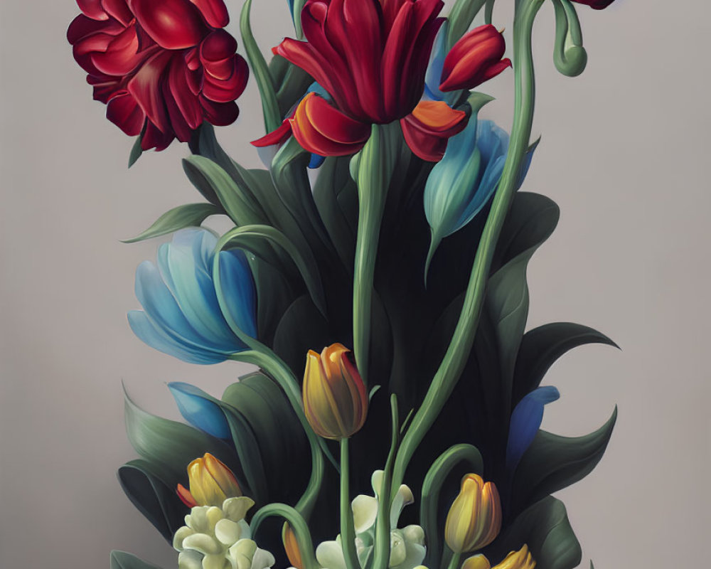 Colorful Tulip Painting with Vase, Petals, and Snail on Table