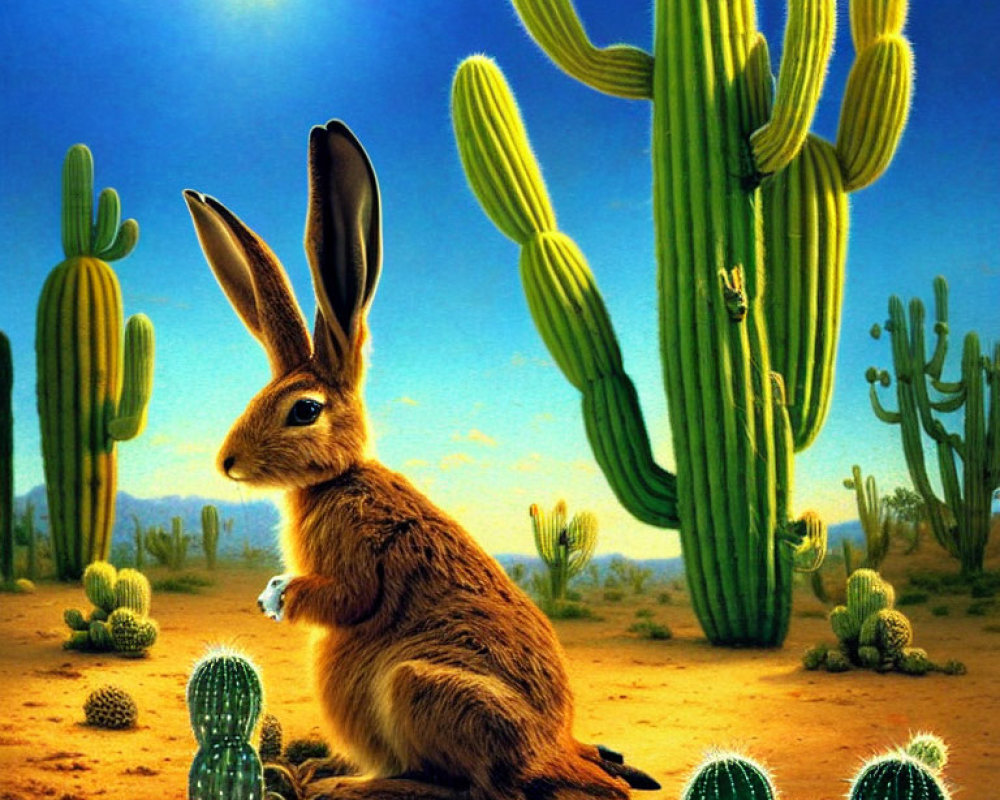 Illustration of rabbit with long ears in cactus garden under clear sky