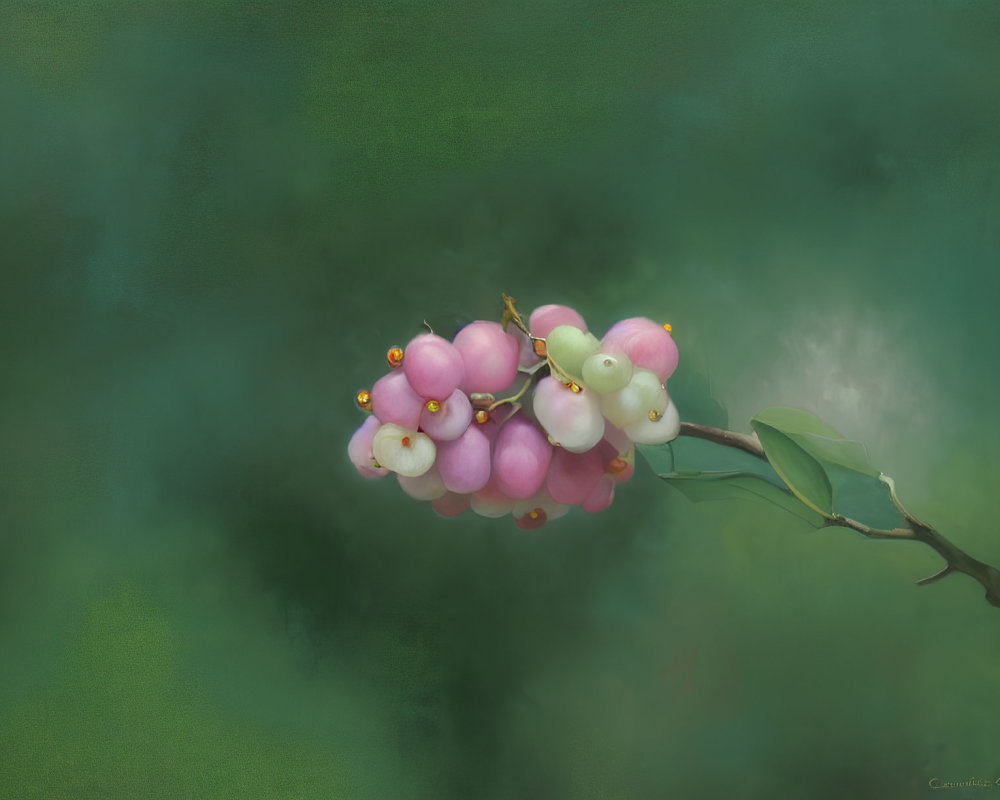 Pink and White Berries Branch on Green Textured Background