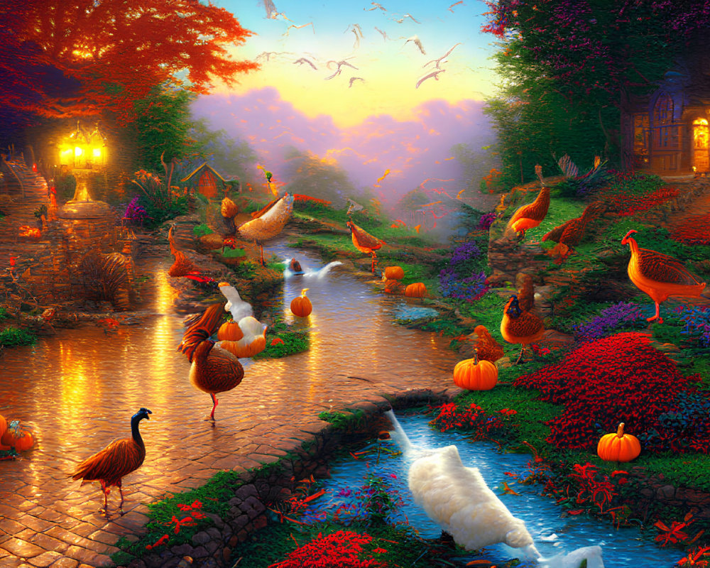 Colorful Countryside Scene with Birds, Stream, Pumpkins, Cobblestone Path, and Cottage