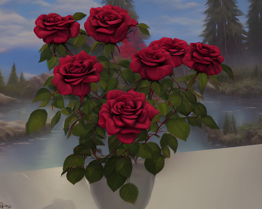 Digital painting of vibrant red roses in a vase against forest and lake backdrop.