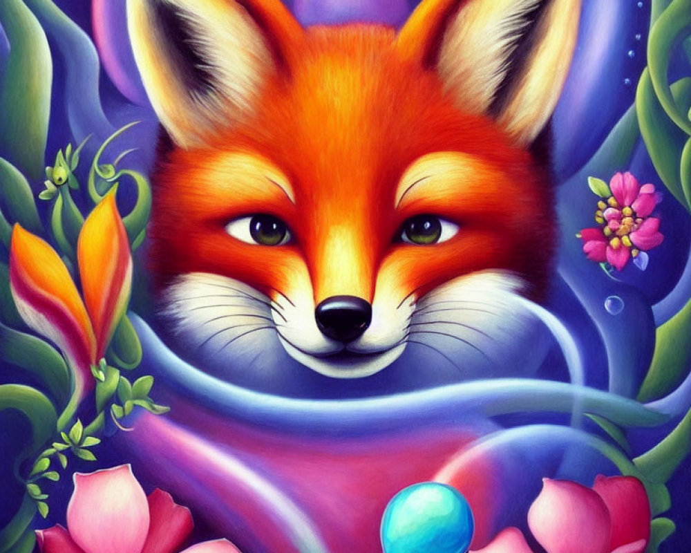 Vibrant whimsical fox surrounded by flowers and bubbles