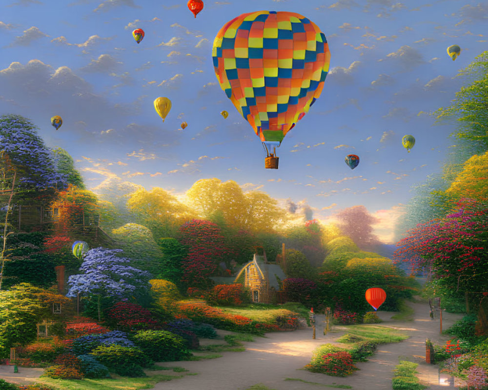 Vibrant hot air balloons over scenic landscape with cottage and flowers