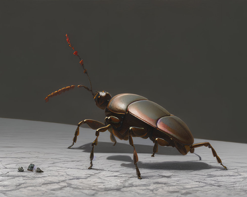 Realistic digital illustration: Large beetle with glossy exoskeleton on textured surface.