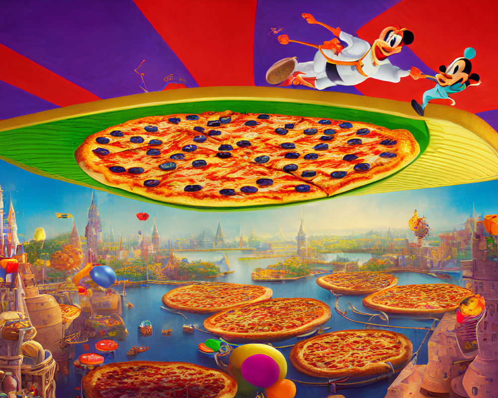 Animated image of Mickey and Goofy surfing on flying pizza slice in fantasy landscape