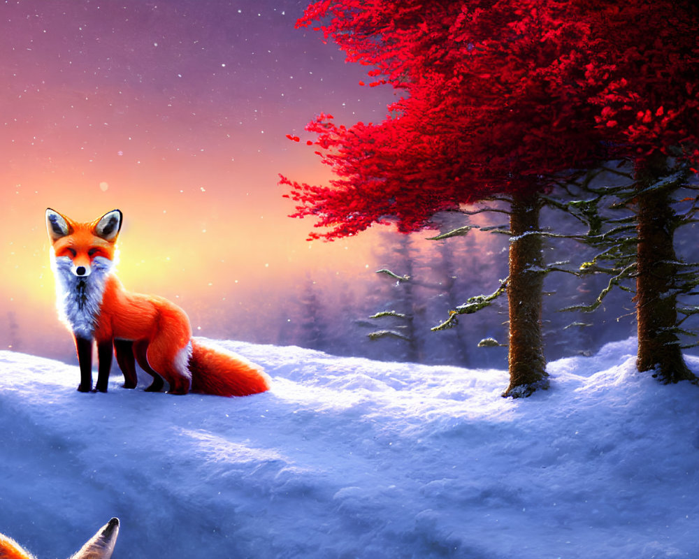 Vibrant fox in snowy landscape at dusk with red-leafed trees & starry sky