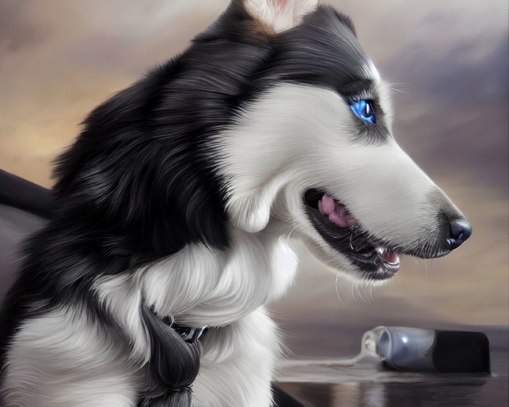 Black and White Husky with Blue Eyes Against Cloudy Sky Backdrop