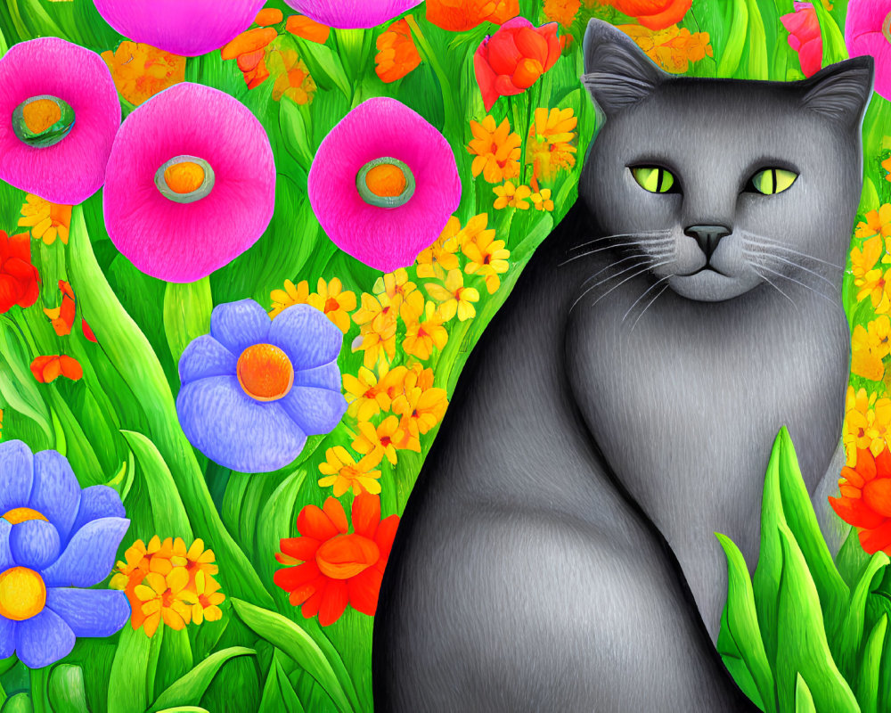 Grey Cat with Green Eyes Surrounded by Colorful Flowers
