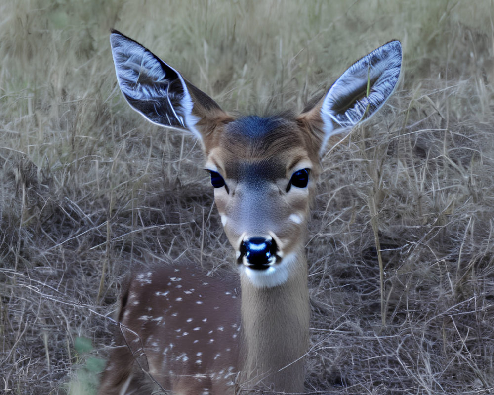 Spotted deer with large ears in dry grass landscape