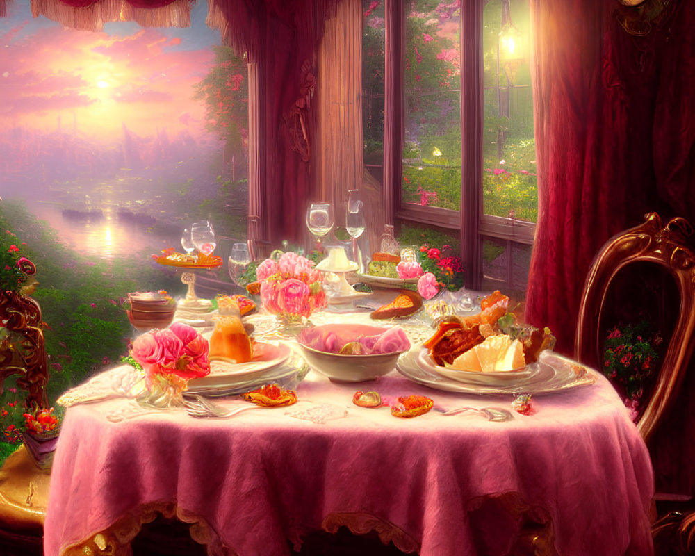 Luxurious breakfast spread on pink table by sunrise lake view
