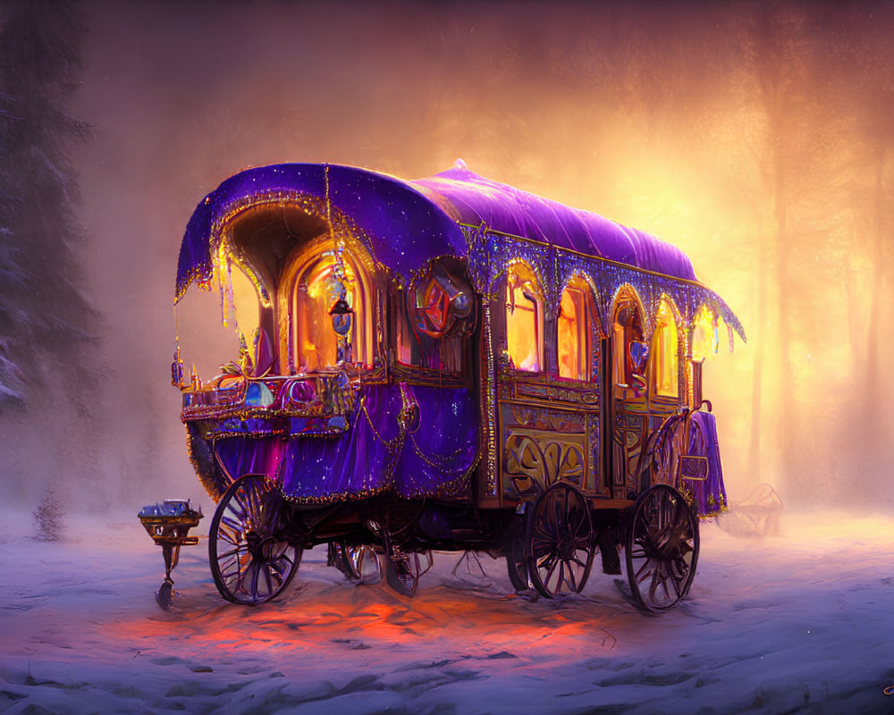 Intricate illuminated carriage in snowy forest at twilight