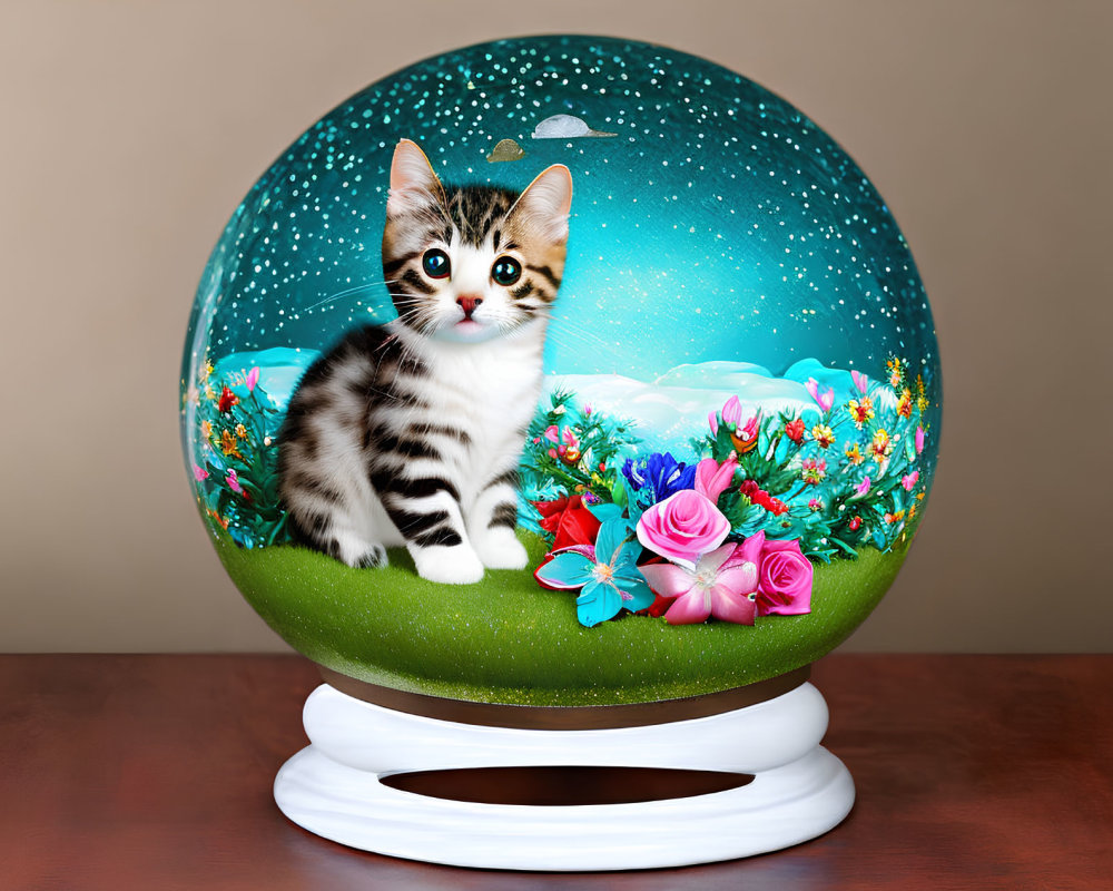 Snow Globe with Kitten, Floral Scene, and Starry Sky on Wooden Table