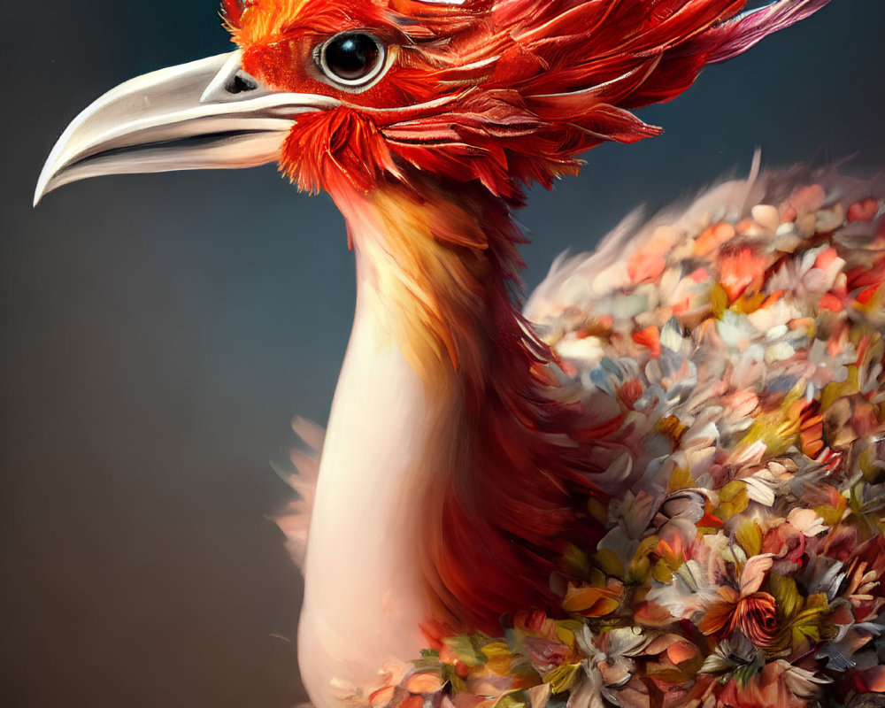 Vibrant bird artwork with white beak and red feathers among floral textures
